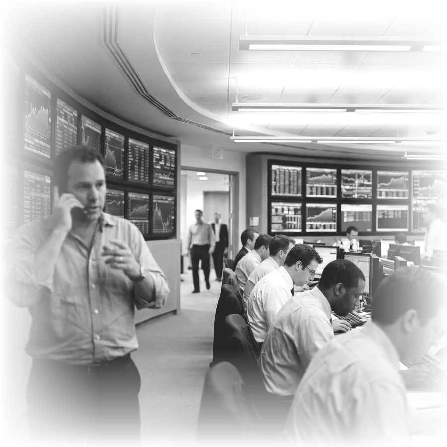 Salle de marché de trading en noir et blanc